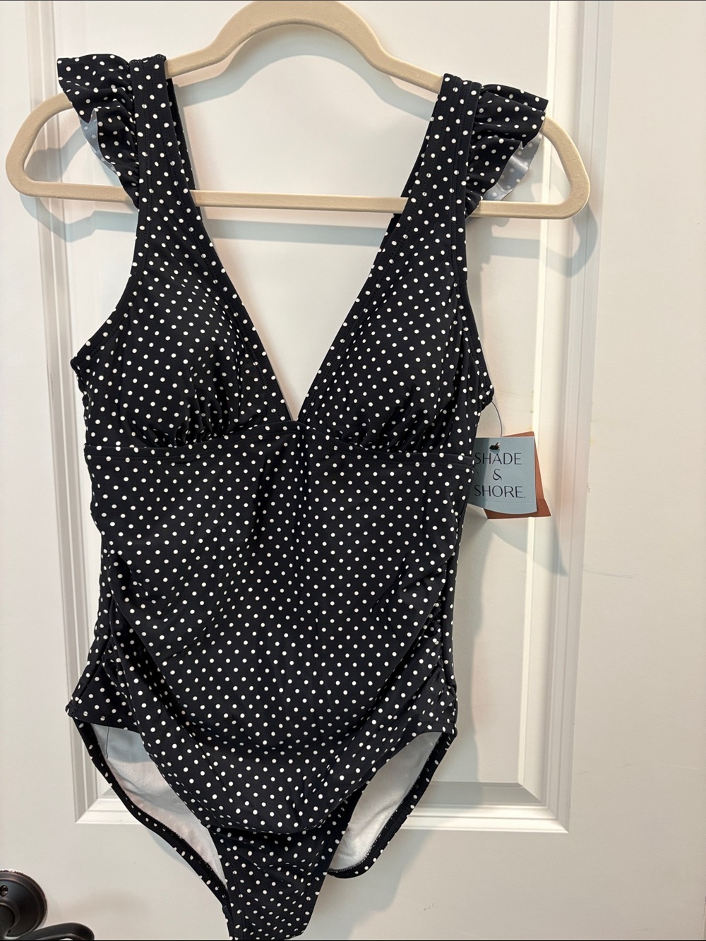Shade & Shore Black and White Polka Dot Ruffle Strap One-Piece Swimsuit